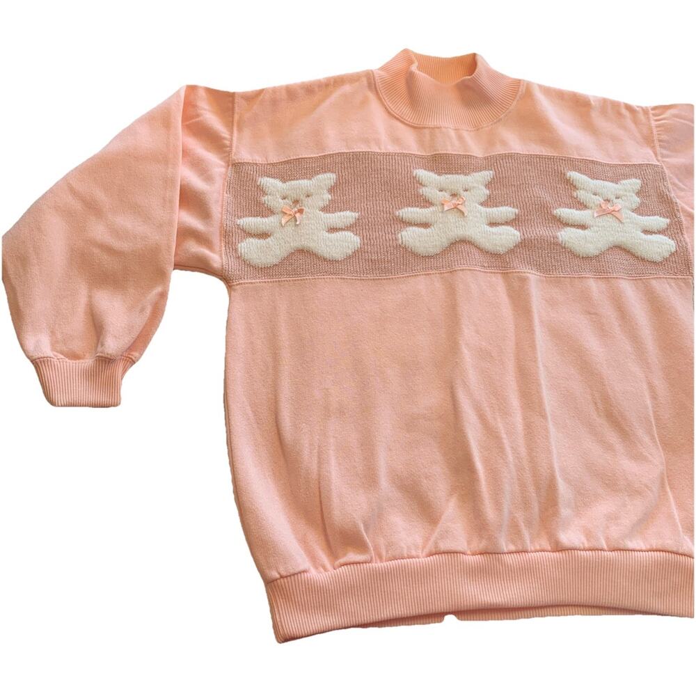 VTG 80s Fashion Force Pink Mock Turtle Neck Sweatshirt White Bears Bows Size S